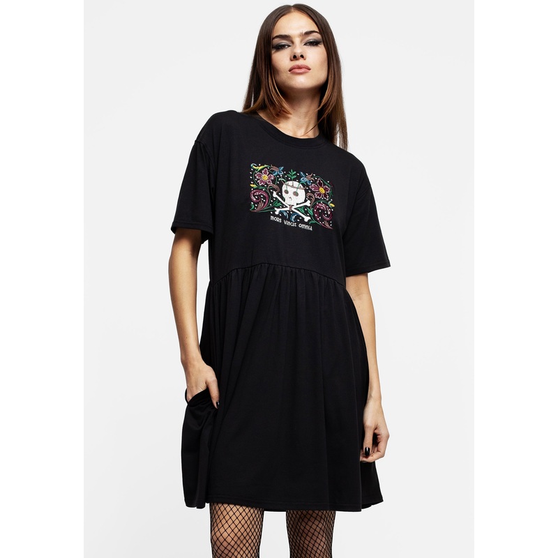 Death Conquers All Floral Skull Embroidered Mini Skater Dress