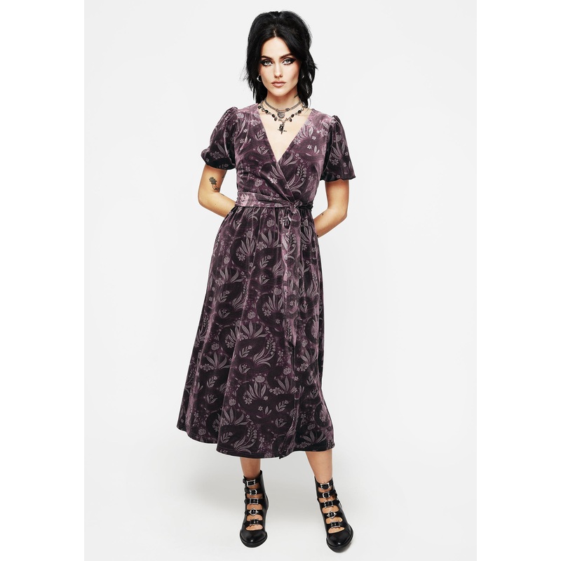 Deception Snake Foil Print Velour Midi Wrap Dress