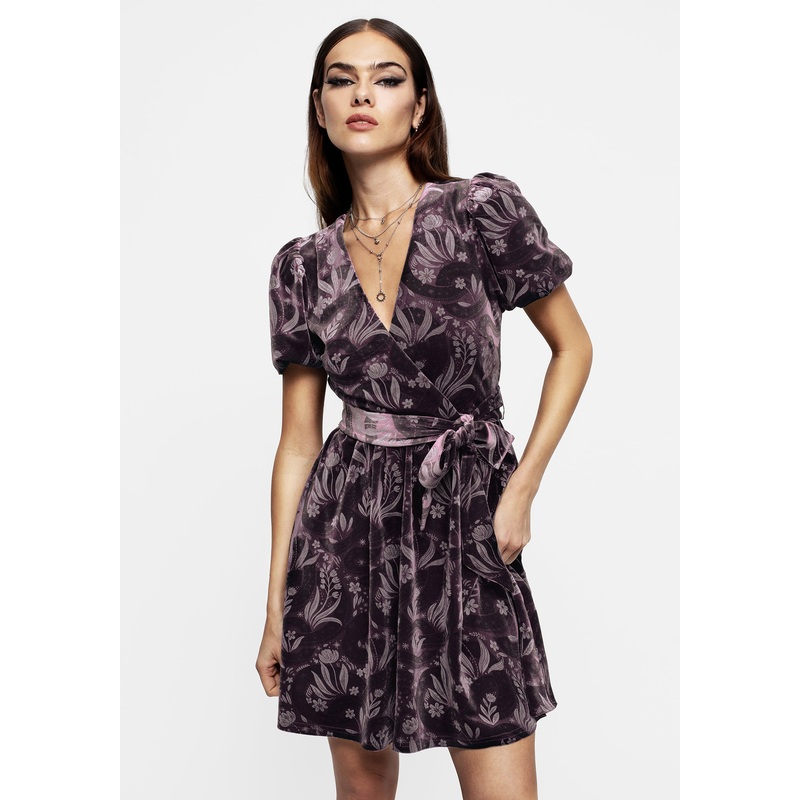 Deception Snake Foil Print Velour Mini Wrap Dress