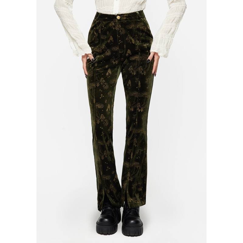 Faefire Foil Print Velour Split Slim Flare Trousers – Green