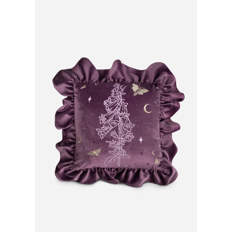 Foxglove Embroidered Velour Ruffle Cushion
