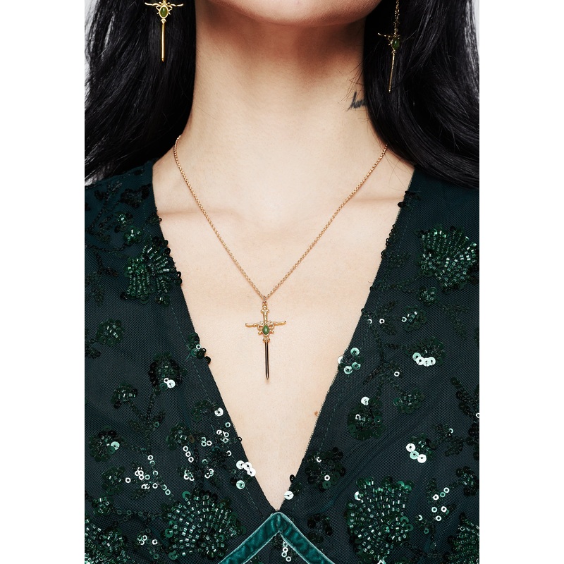 Galatine Green Stone Sword Necklace – Gold