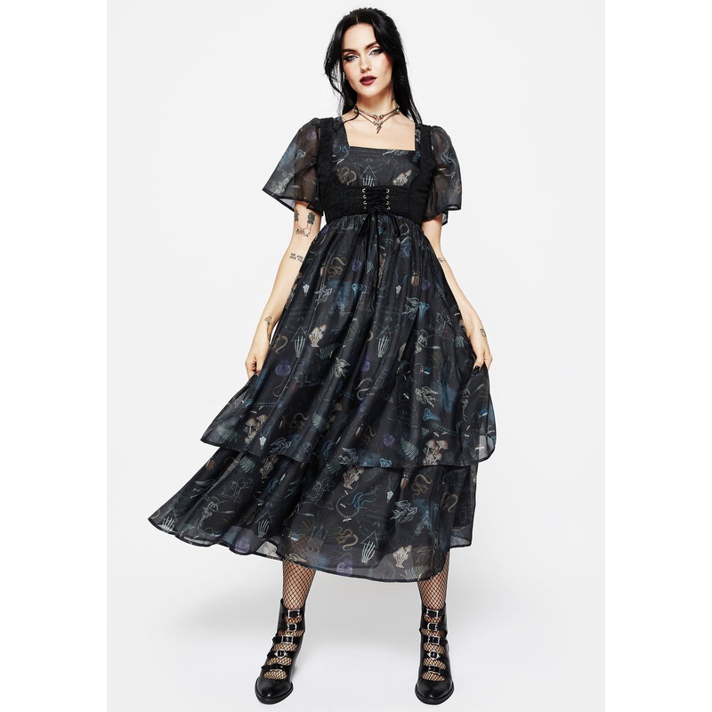 Maudeline Victoriana Print Layered Organza Midaxi Dress