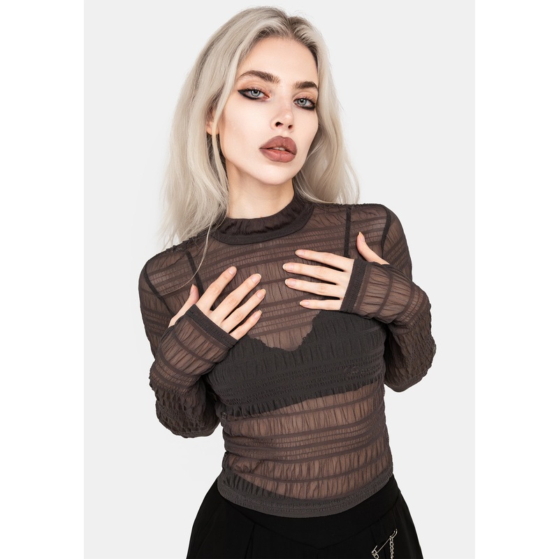 Myra Textured Mesh High Neck Long Sleeve Top