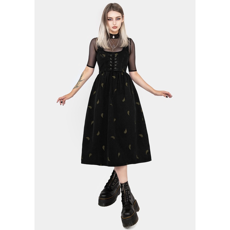 Osmunda Fern Embroidered Lace Up Midi Pinafore Dress