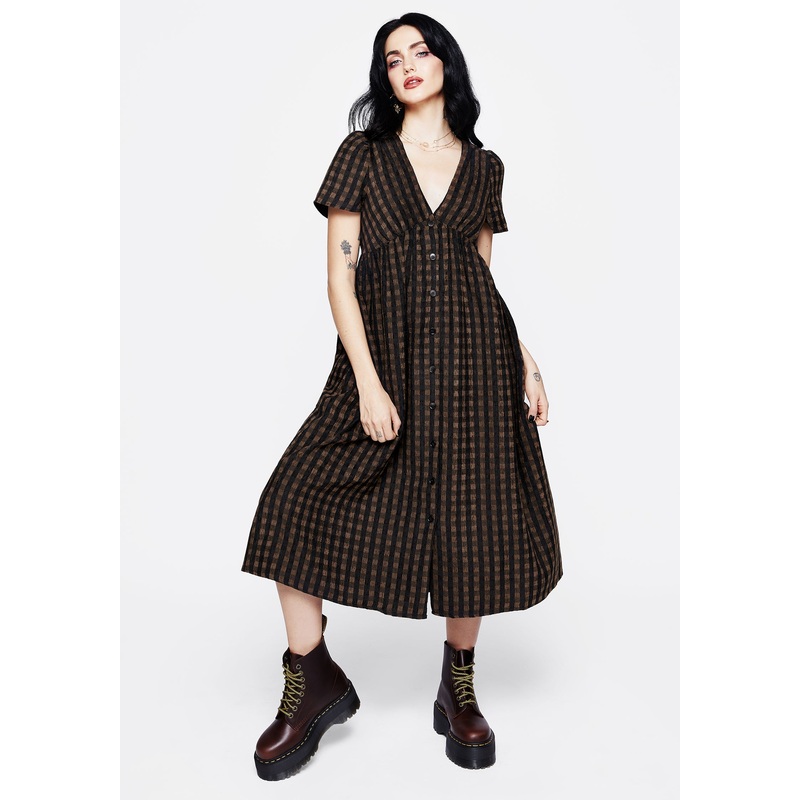 Rydal Check Button Up Midi Dress – Brown