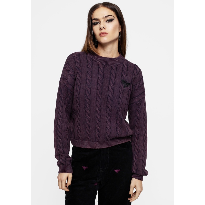 Styx Moth Embroidered Acid Wash Cable Knit Jumper