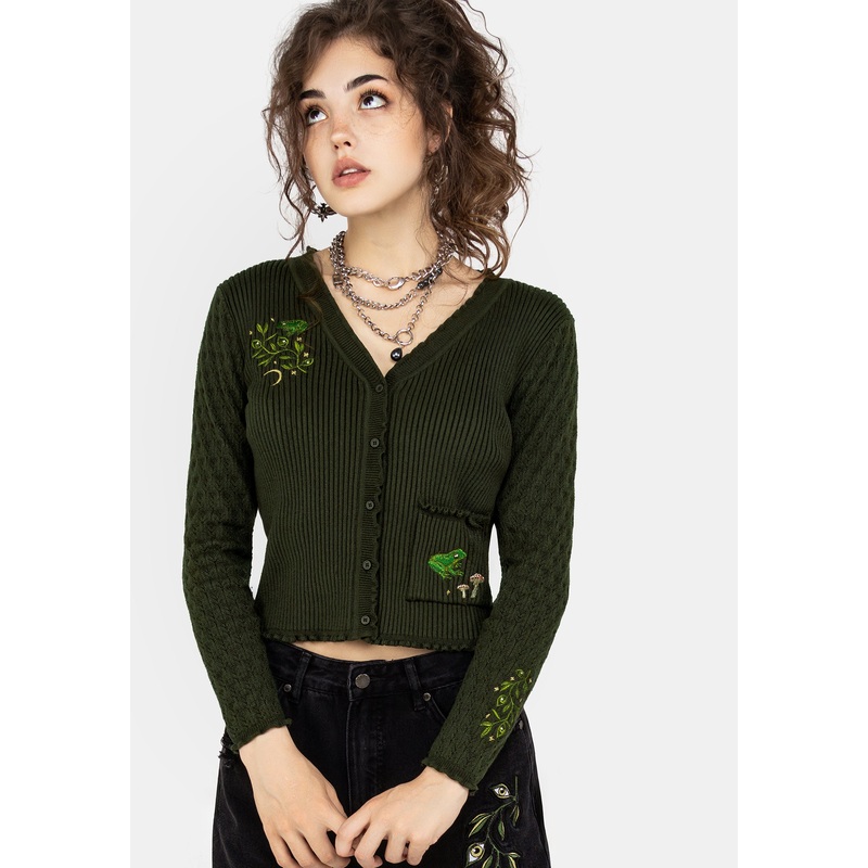 Swamplife Embroidered Pointelle Knit Crop Cardigan