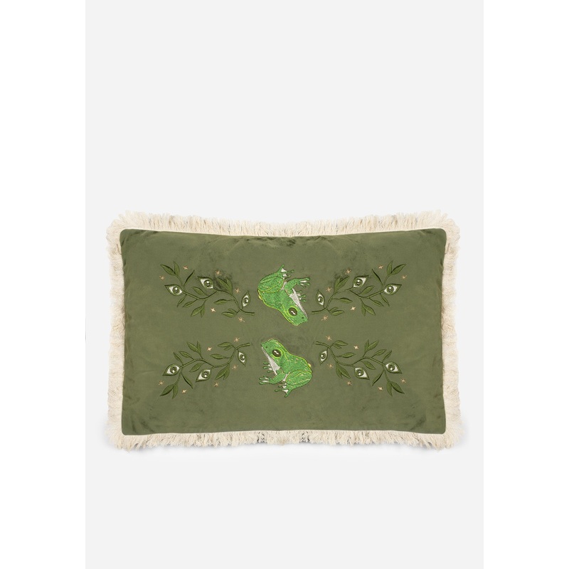 Swamplife Embroidered Velour Rectangle Fringe Cushion