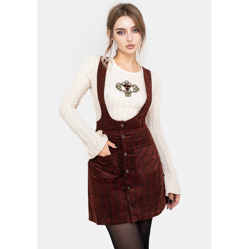 Terracotta Check Cord Mini Pinafore Skirt