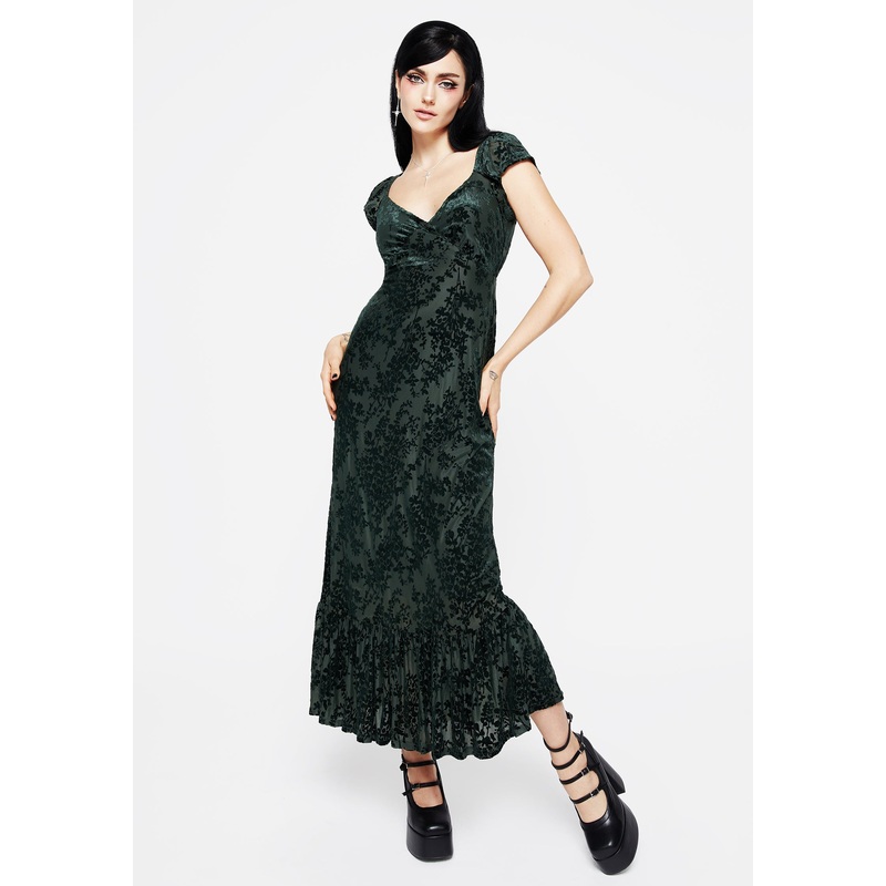 Avalon Floral Flocked Velour Frill Sleeve Midaxi Dress