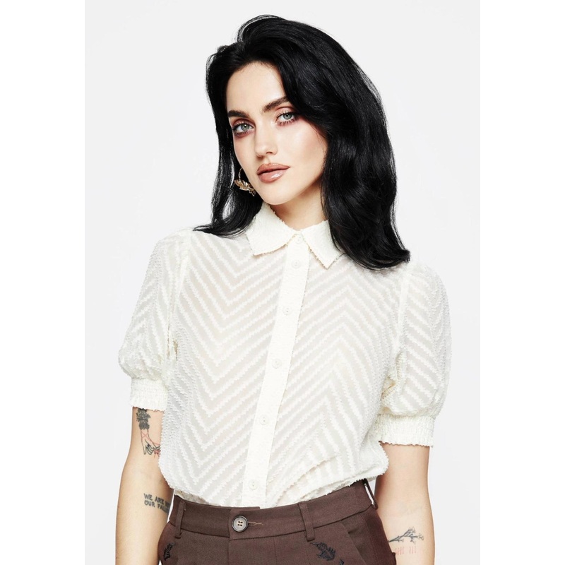 Chevron Button Up Blouse Top – White