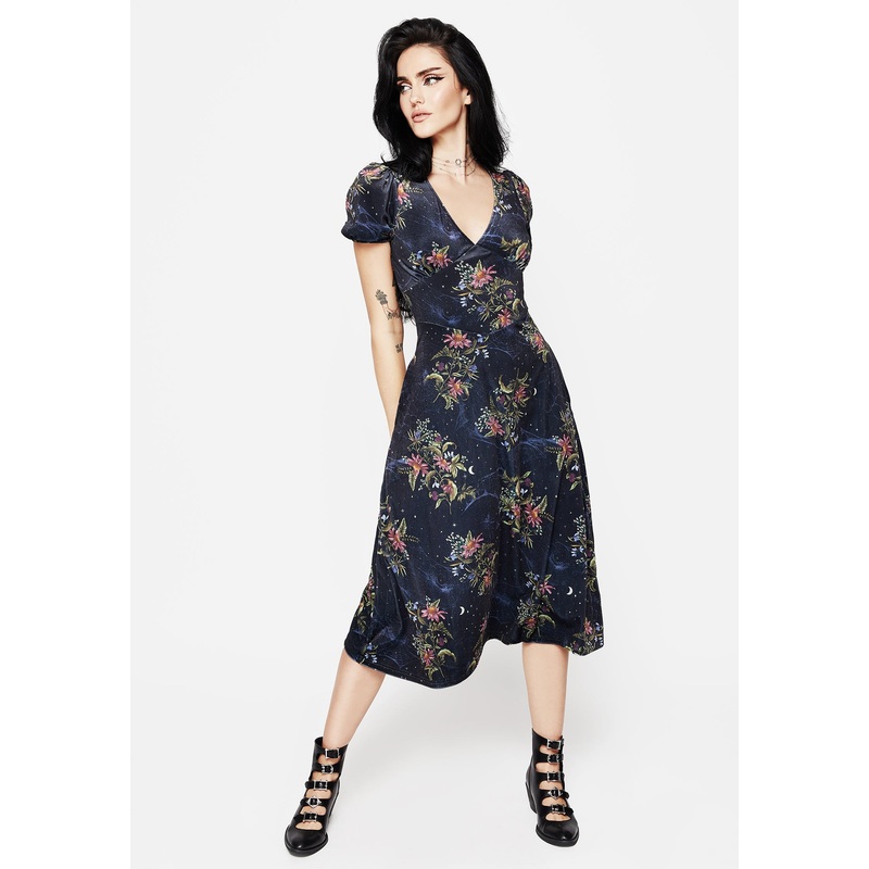 Cleome Floral Spiderweb Velour Corset Midi Dress