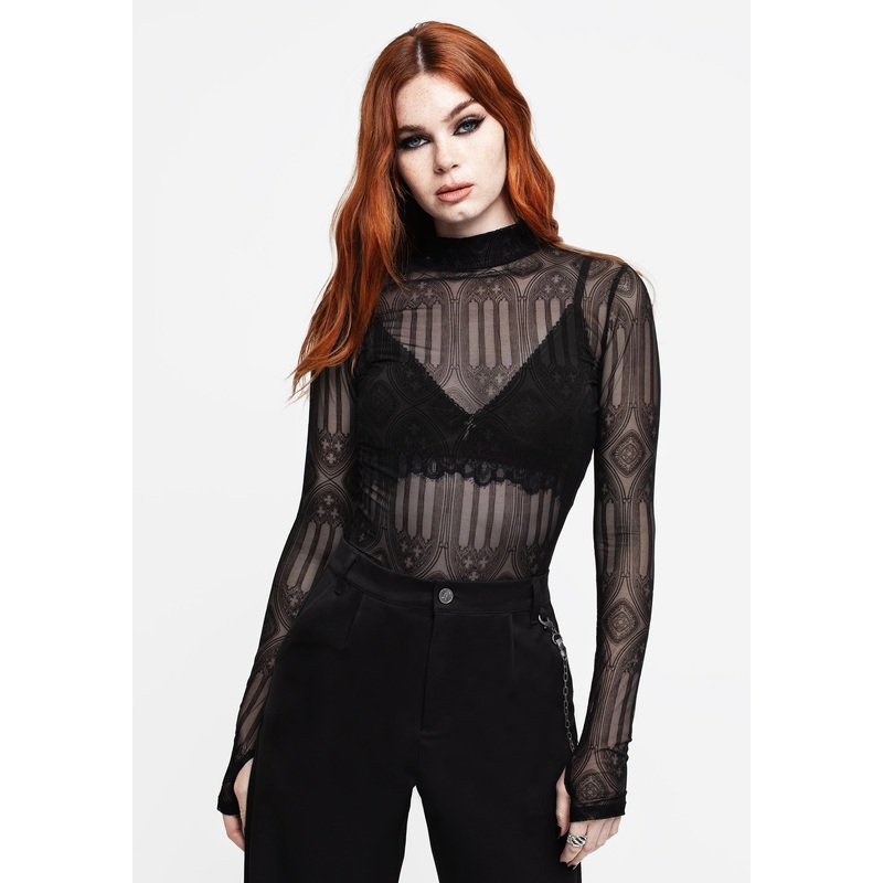 Cloister Flocked Mesh High Neck Long Sleeve Top