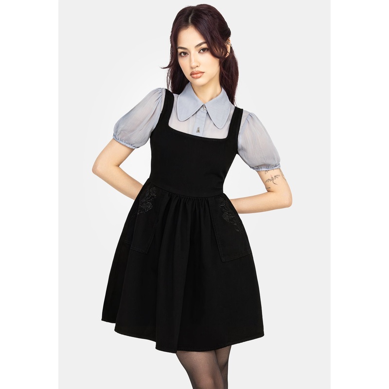 Deadhead Rose Embroidered Denim Mini Smock Dress