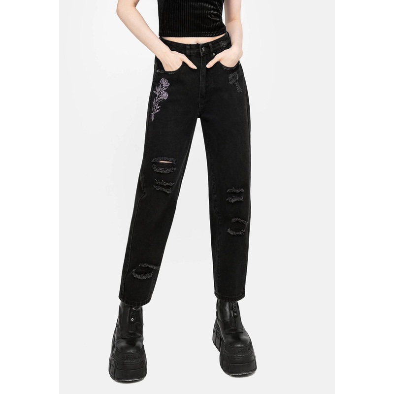 Deadhead Rose Embroidered Distressed Denim Barrel Leg Jeans