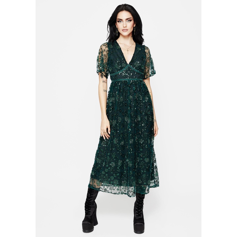 Glimmer Embroidered Sequin Lace Angel Sleeve Midaxi Dress