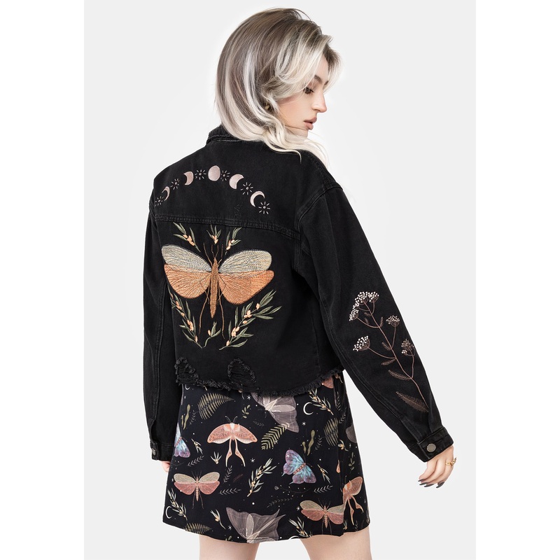 Griffinfly Embroidered Distressed Denim Jacket