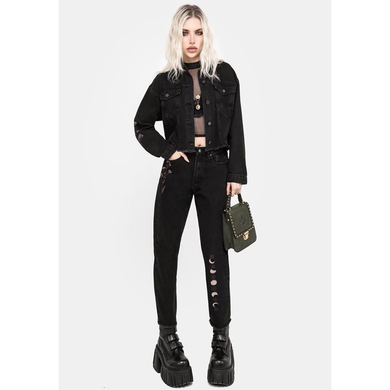 Griffinfly Embroidered Distressed Denim Mom Jeans