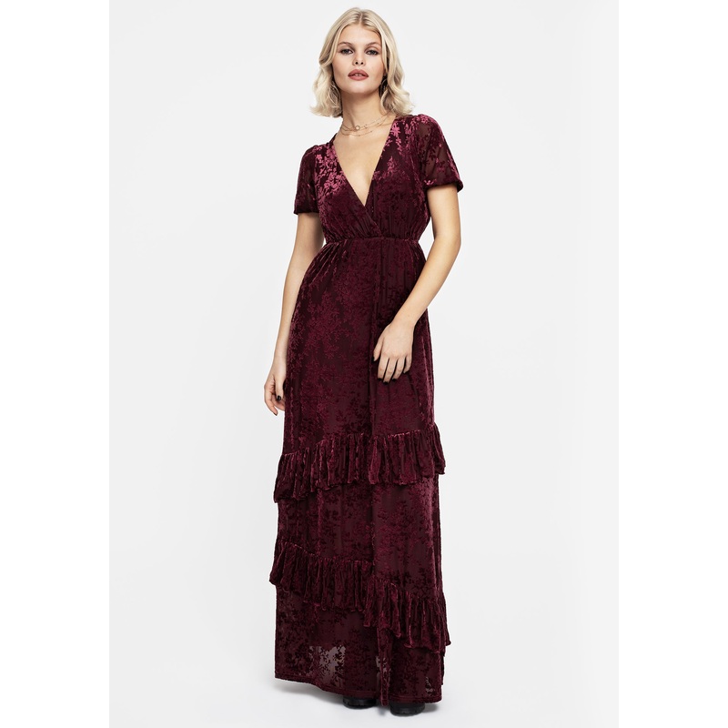 Monotropa Floral Flocked Velour Frill Midaxi Dress