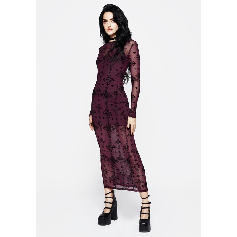 Priestess Flocked Mesh Maxi Dress – Purple