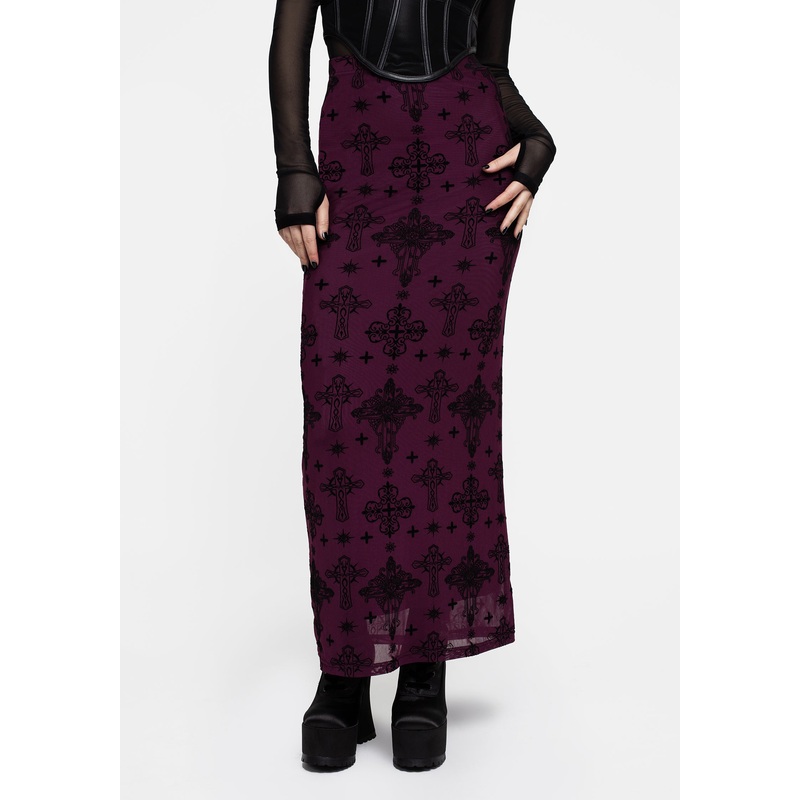 Priestess Flocked Mesh Maxi Skirt – Purple
