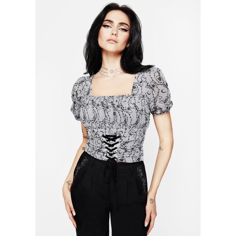 Rosethorn Flocked Velour Chiffon Corset Crop Top – Blue
