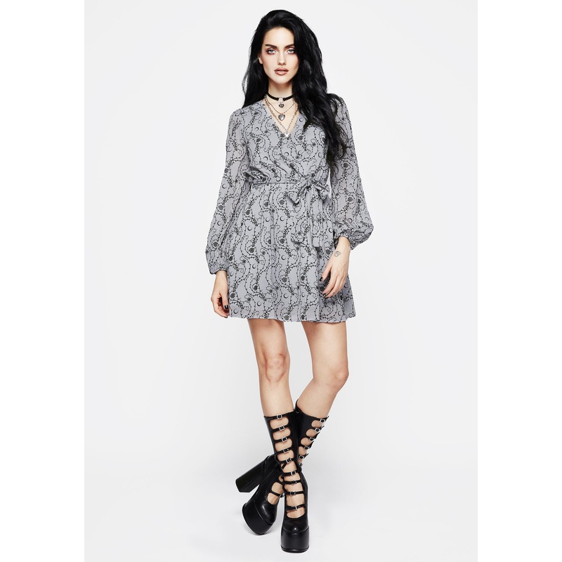 Rosethorn Flocked Velour Chiffon Faux Wrap Mini Dress – Blue