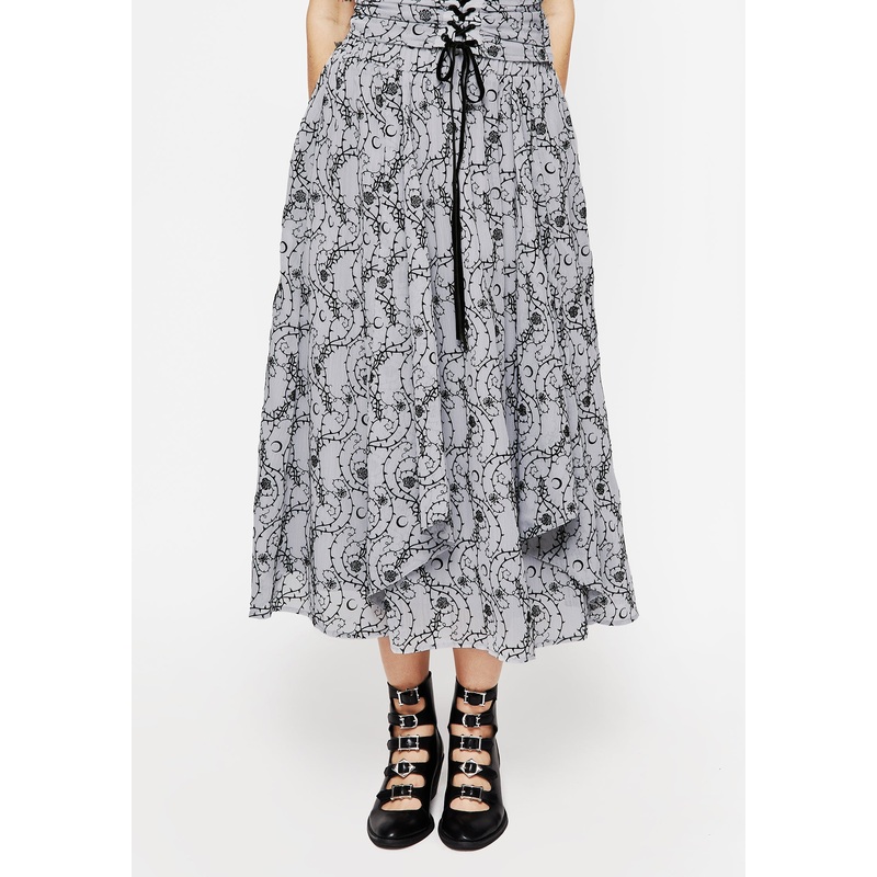 Rosethorn Flocked Velour Chiffon Ruffle Midi Skirt – Blue
