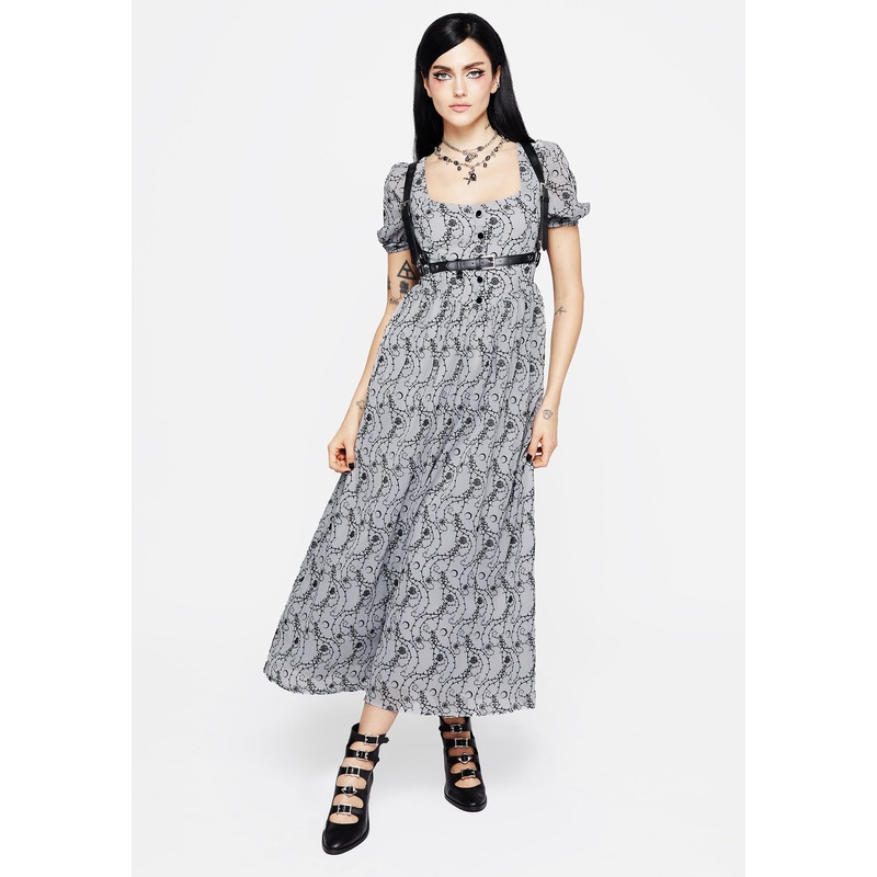 Rosethorn Flocked Velour Puff Sleeve Midaxi Dress – Blue