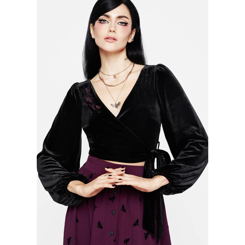 Styx Moth Embroidered Velour Wrap Top