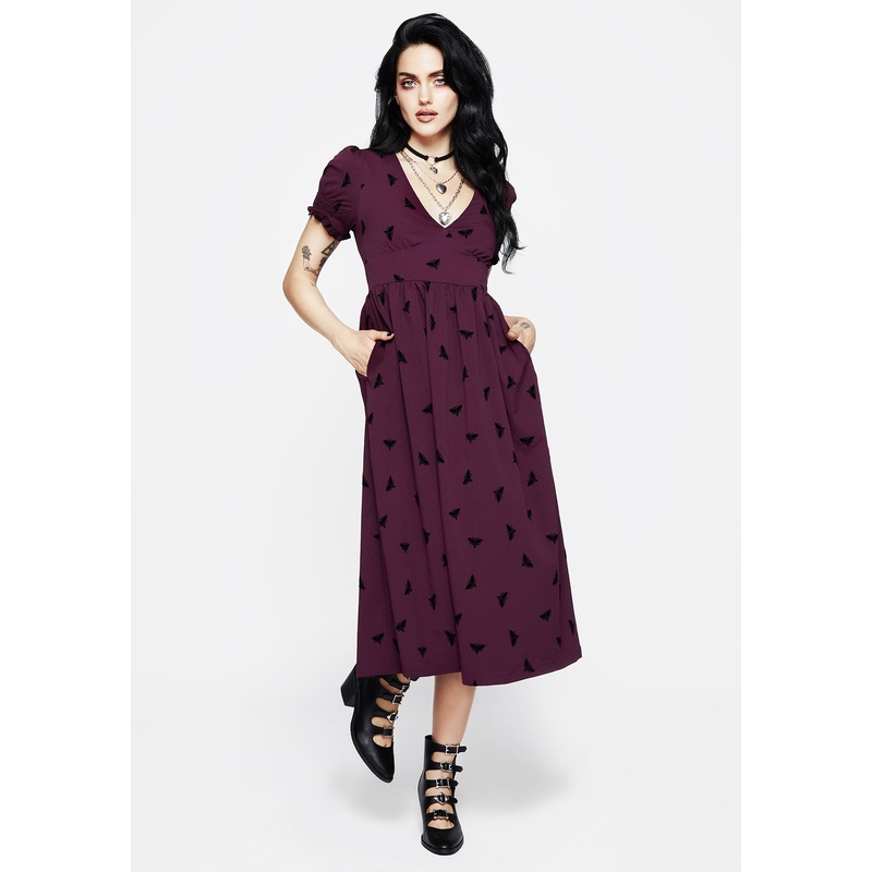 Styx Moth Flocked Velour Print Midi Dress