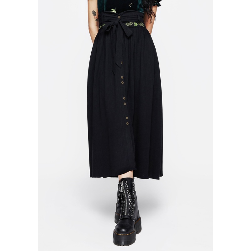 Swamplife Frog Embroidered Linen Blend High Waist Midaxi Skirt
