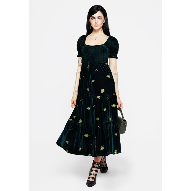 Swamplife Frog Embroidered Velour Tiered Midi Dress
