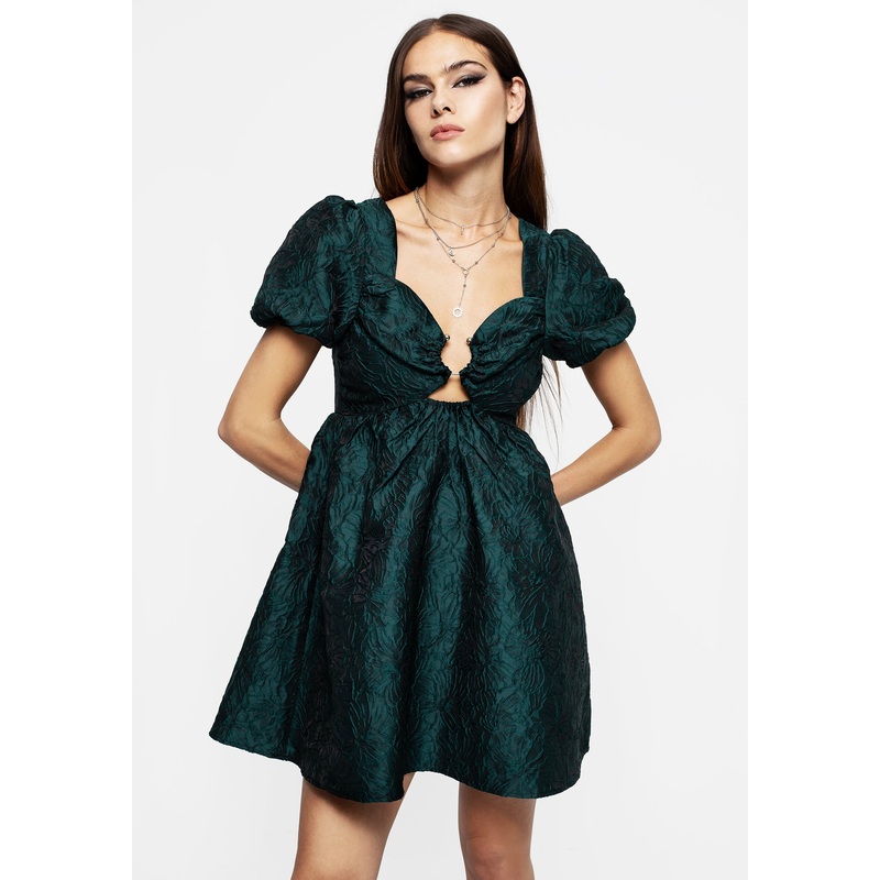 Tiffany Jacquard Puff Sleeve Mini Dress – Green