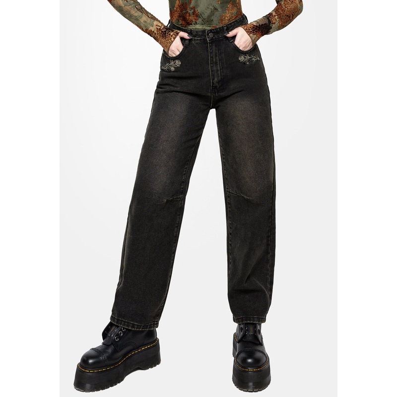 Veltha Floral Embroidered Denim Barrel Leg Jeans
