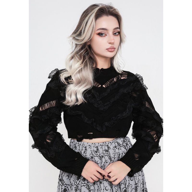 Volla Lace Ruffle Distressed Knit Crop Jumper