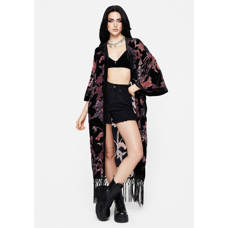 Waterlily Burnout Fringe Trim Longline Kimono