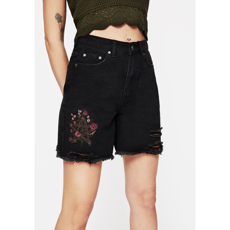 Aster Floral Embroidered Mid Length Denim Shorts
