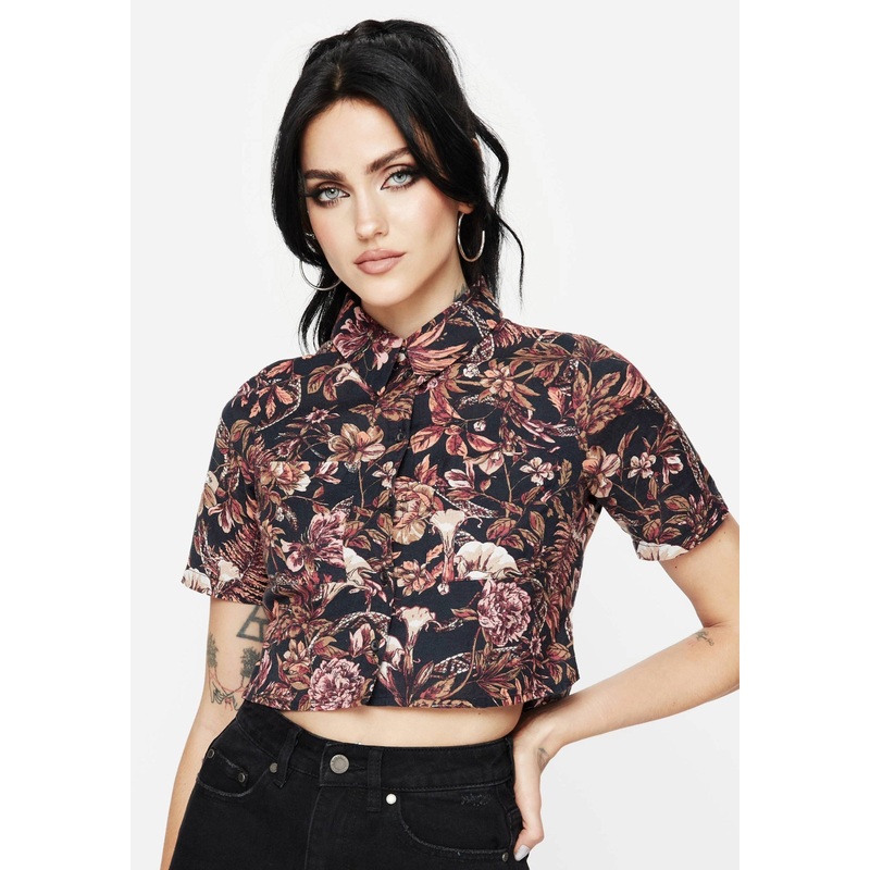 Bashe Cotton Floral Snake Print Short Sleeve Shirt