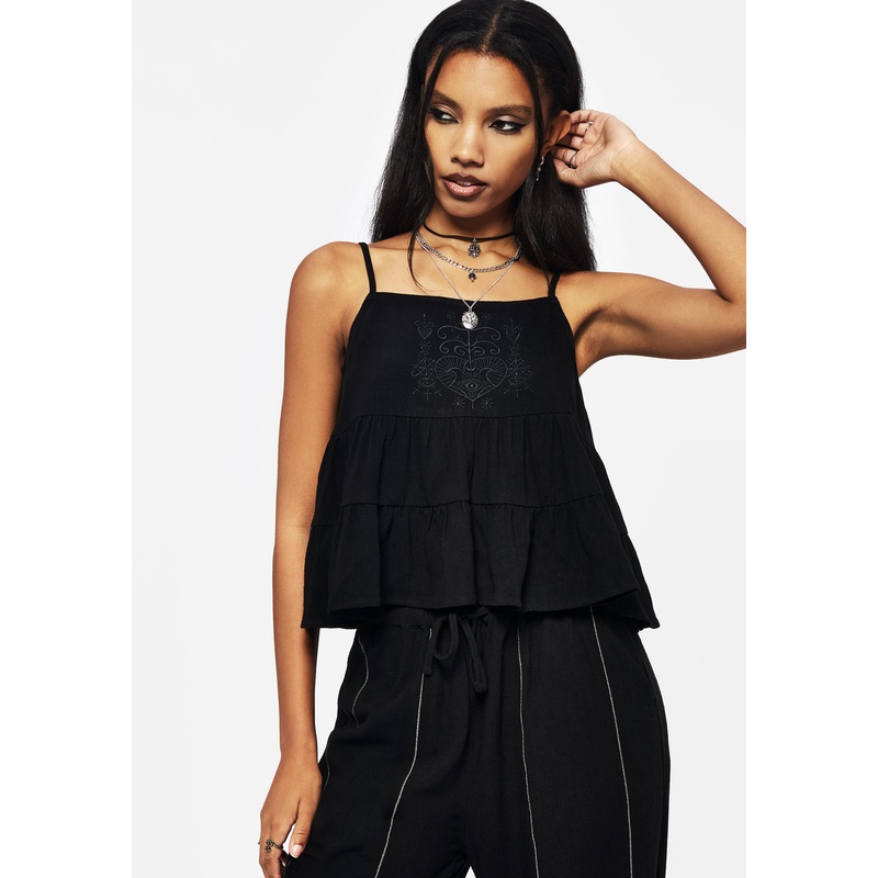 Cordata Linen-Blend Embroidered Tiered Cami Top – Black
