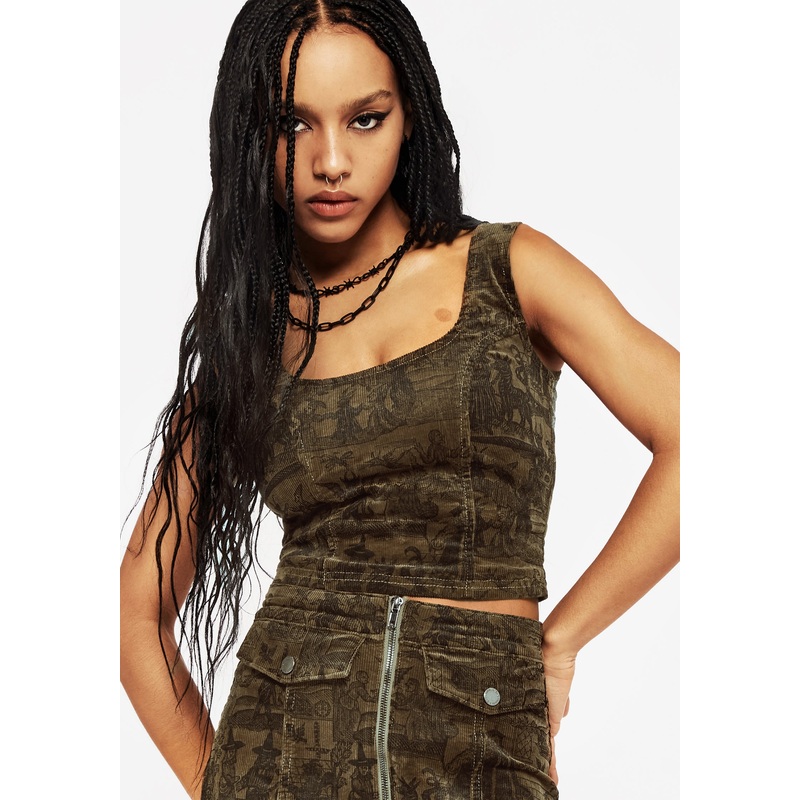 Diabolical Cord Woodcut Print Zip Corset Top