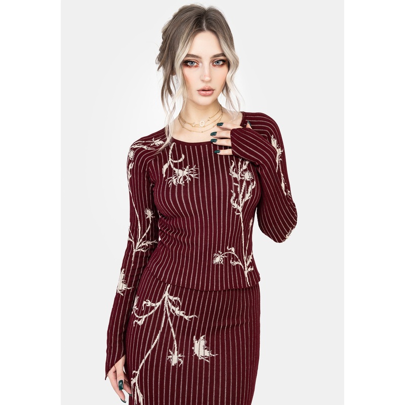 Diastella Floral Jacquard Rib Knit Raglan Sleeve Top – Red