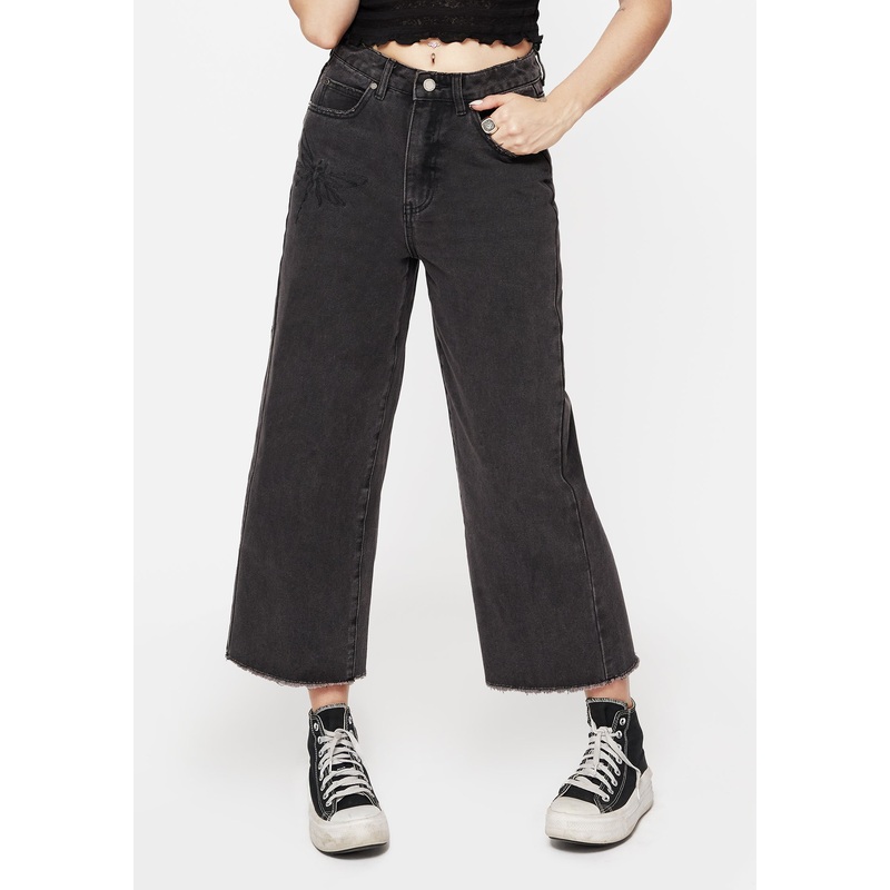 Dragonfly Embroidered Wide Leg Denim Culotte Jeans
