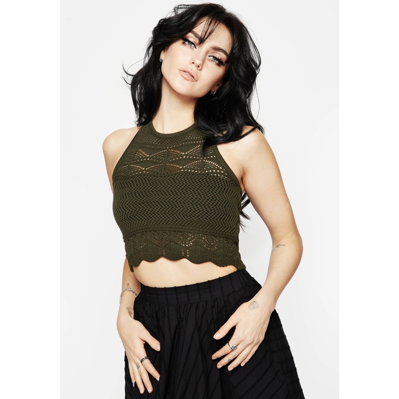 Hooked Pointelle Halter Crop Top – Green