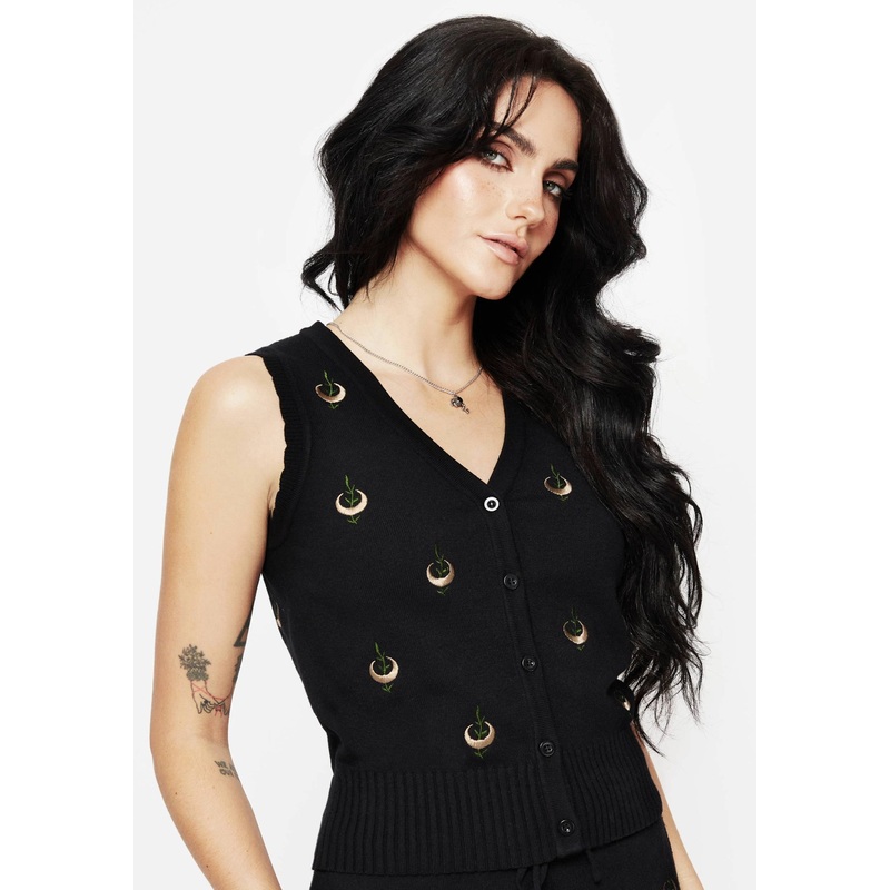 Liana Moon Leaf Embroidered Button Up Knit Vest