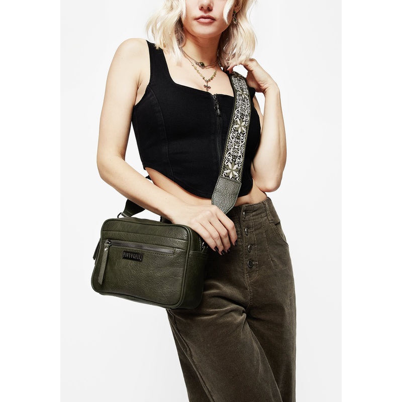 Portent Debossed Zip Front Crossbody Bag