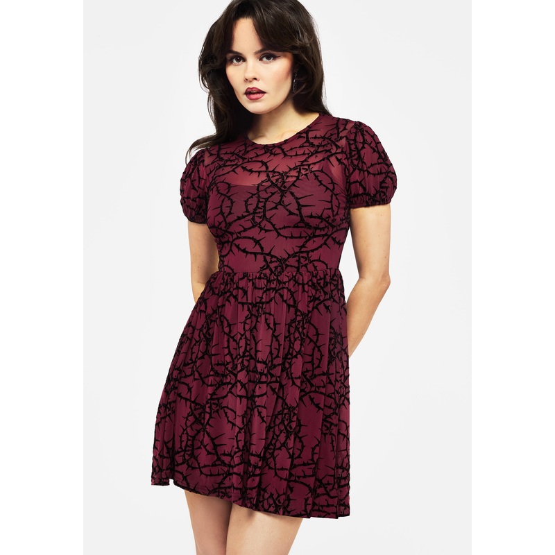 Prickle Thorn Print Mesh Puff Sleeve Mini Dress
