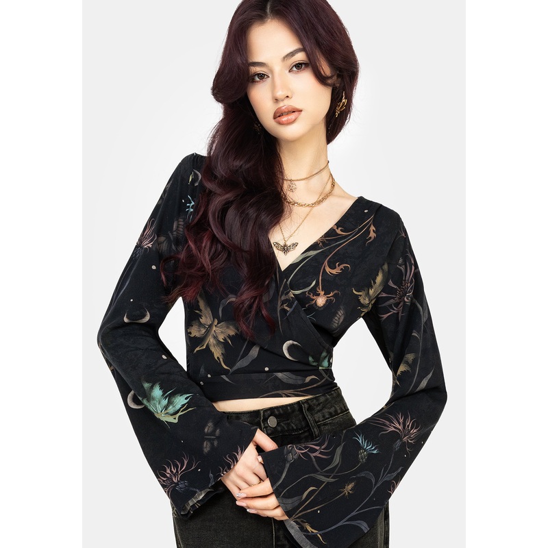 Rosanella Floral Print Flare Sleeve Wrap Top