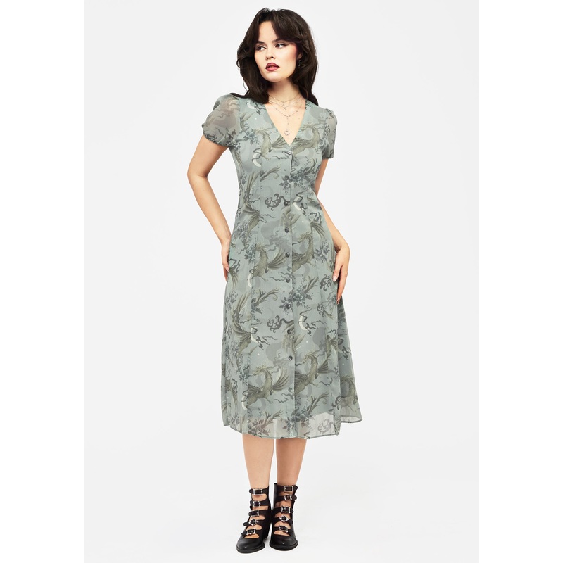 Sapphira Dragon Print Chiffon Button Up Midi Dress